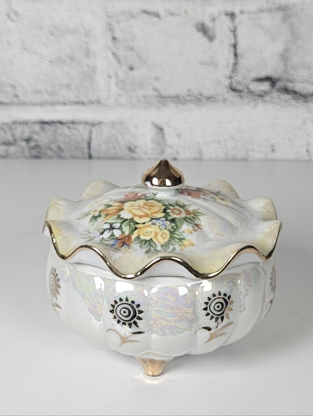 Vintage Japan Porcelain Trinket Box Floral Iridescent Gold Footed